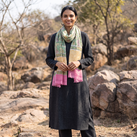 Green Sanganeri Hand Block Print Pure Merino Wool Stole, worn by a woman, AI visual of the stole, iTokri
