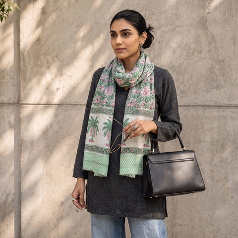 Green Sanganeri Hand Block Print Pure Merino Wool Stole, worn by a woman, AI visual of the stole, iTokri
