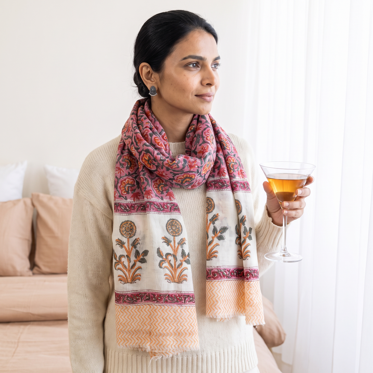 Pink Sanganeri Hand Block Print Pure Merino Wool Stole, worn by a woman, AI visual of the stole, iTokri