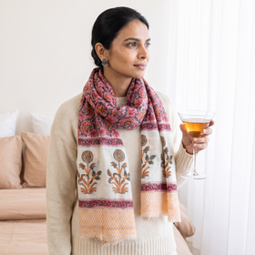 Pink Sanganeri Hand Block Print Pure Merino Wool Stole, worn by a woman, AI visual of the stole, iTokri