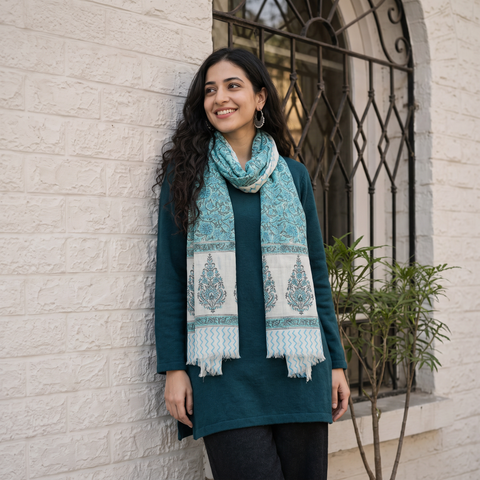 Blue Sanganeri Hand Block Print Pure Merino Wool Stole, worn by a woman, AI visual of the stole, iTokri