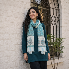 Blue Sanganeri Hand Block Print Pure Merino Wool Stole, worn by a woman, AI visual of the stole, iTokri