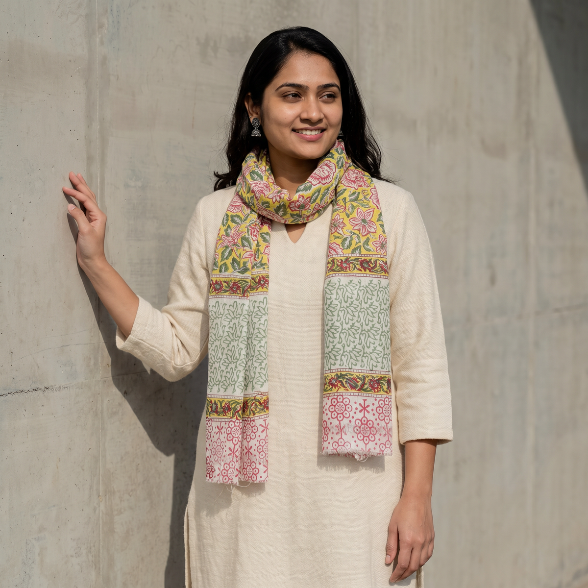Multicolor Sanganeri Hand Block Print Pure Merino Wool Stole, worn by a woman, AI visual of the stole, iTokri