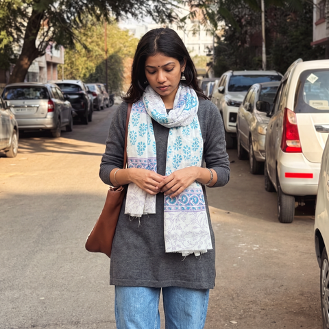 Blue Sanganeri Hand Block Print Pure Merino Wool Stole, worn by a woman, AI visual of the stole, iTokri