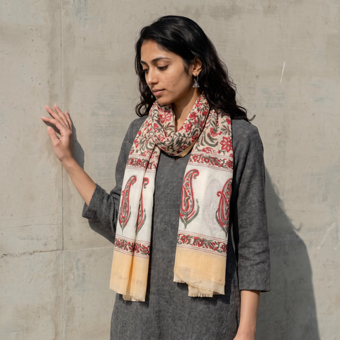 Multicolor Sanganeri Hand Block Print Pure Merino Wool Stole, worn by a woman, AI visual of the stole, iTokri