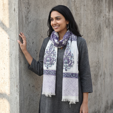 Purple Sanganeri Hand Block Print Pure Merino Wool Stole, worn by a woman, AI visual of the stole, iTokri