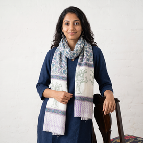 Multicolor Sanganeri Hand Block Print Pure Merino Wool Stole, worn by a woman, AI visual of the stole, iTokri