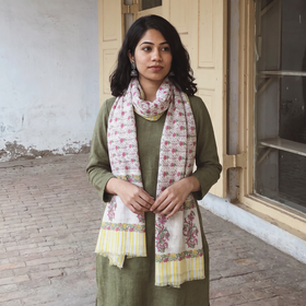 Multicolor Sanganeri Hand Block Print Pure Merino Wool Stole, worn by a woman, AI visual of the stole, iTokri