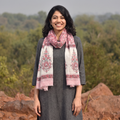 Pink Sanganeri Hand Block Print Pure Merino Wool Stole, worn by a woman, AI visual of the stole, iTokri