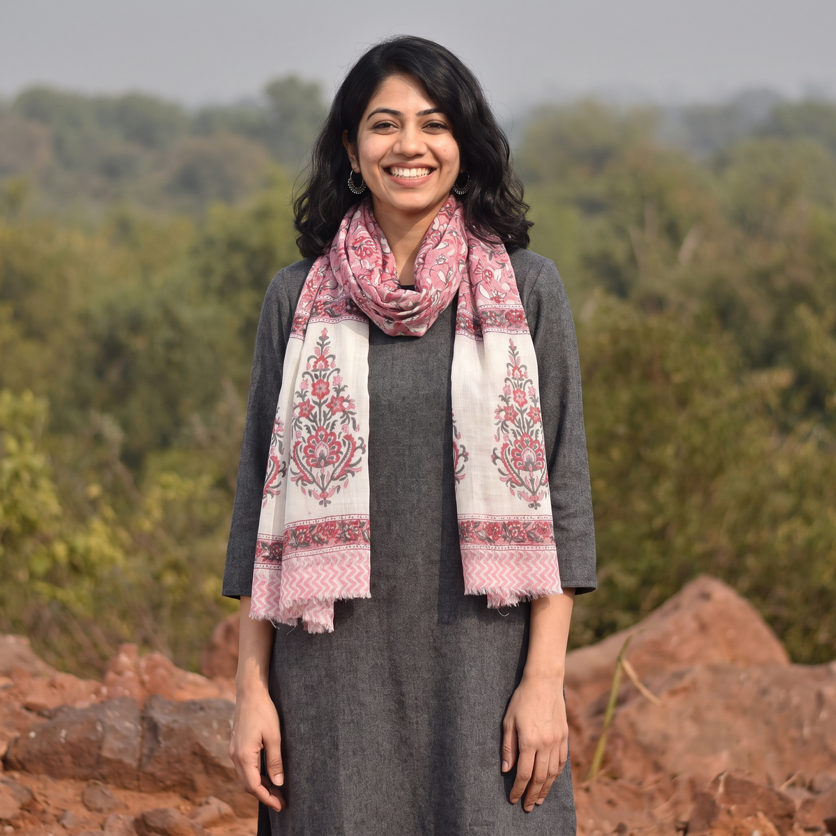 Pink Sanganeri Hand Block Print Pure Merino Wool Stole, worn by a woman, AI visual of the stole, iTokri