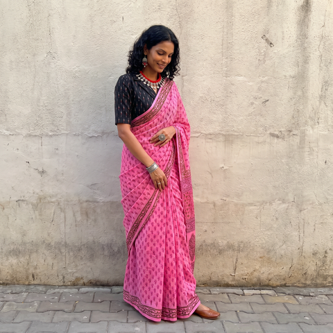 Pink Sanganeri hand block print pure mul cotton ready to wear saree, draped and worn by a woman, AI visual of the saree, iTokri