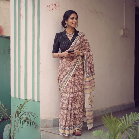 Brown Sanganeri hand block print pure mul cotton ready to wear saree, draped and worn by a woman, AI visual of the saree, iTokri