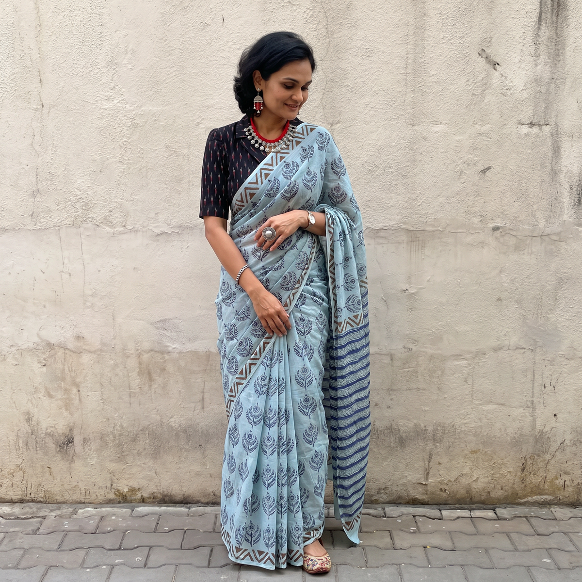 Light blue Sanganeri hand block print pure mul cotton ready to wear saree, draped and worn by a woman, AI visual of the saree, iTokri