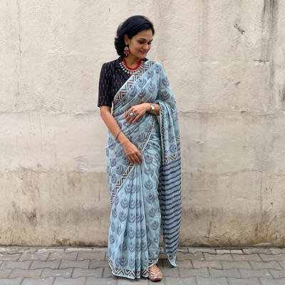 Light blue Sanganeri hand block print pure mul cotton ready to wear saree, draped and worn by a woman, AI visual of the saree, iTokri