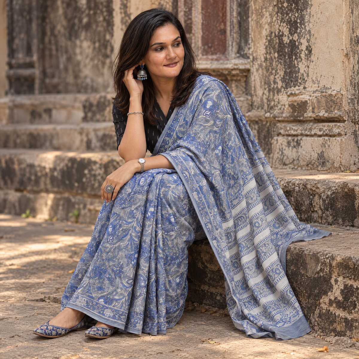 Blue Sanganeri hand block print pure mul cotton ready to wear saree, draped and worn by a woman, AI visual of the saree, iTokri