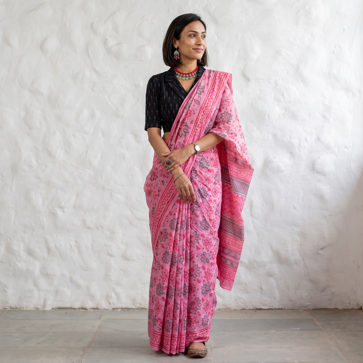 Pink Sanganeri hand block print pure mul cotton ready to wear saree, draped and worn by a woman, AI visual of the saree, iTokri