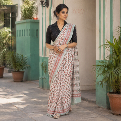 White Sanganeri hand block print pure mul cotton ready to wear saree, draped and worn by a woman, AI visual of the saree, iTokri