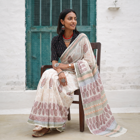 White Sanganeri hand block print pure mul cotton ready to wear saree, draped and worn by a woman, AI visual of the saree, iTokri