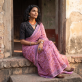 Mauve Sanganeri hand block print pure mul cotton ready to wear saree, draped and worn by a woman, AI visual of the saree, iTokri