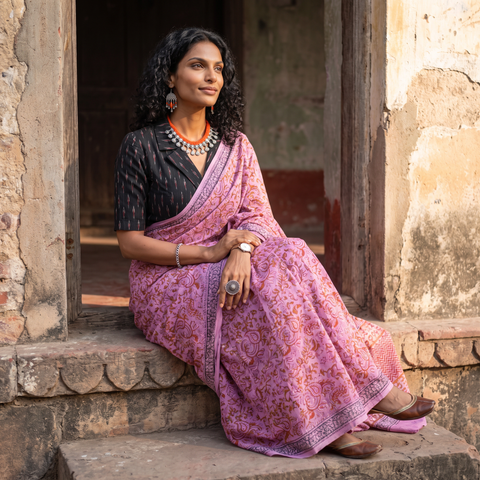 Mauve Sanganeri hand block print pure mul cotton ready to wear saree, draped and worn by a woman, AI visual of the saree, iTokri