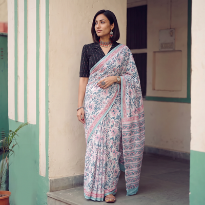White and blue Sanganeri hand block print pure mul cotton ready to wear saree, draped and worn by a woman, AI visual of the saree, iTokri