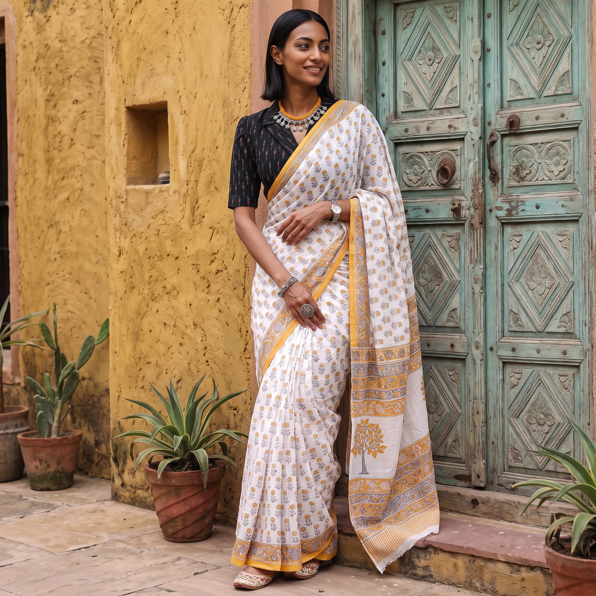White and yellow Sanganeri hand block print pure mul cotton ready to wear saree, draped and worn by a woman, AI visual of the saree, iTokri