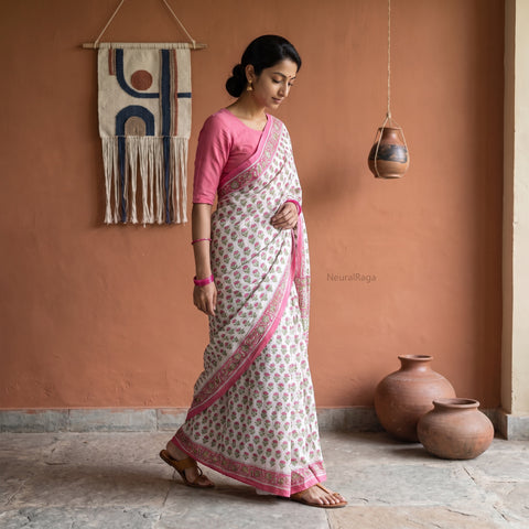 White and Pink Sanganeri Hand Block Print Pure Mul Cotton Ready To Wear Saree, draped and worn by a woman, AI visual of the saree, iTokri