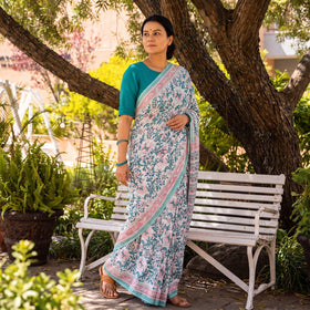 White and Teal Sanganeri Hand Block Print Pure Mul Cotton Ready To Wear Saree, draped and worn by a woman, AI visual of the saree, iTokri