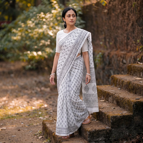 White Sanganeri Hand Block Print Pure Mul Cotton Ready To Wear Saree, draped and worn by a woman, AI visual of the saree, iTokri