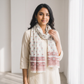 White Sanganeri Hand Block Printed Woollen Stole, worn by a woman, AI visual of the stole, iTokri