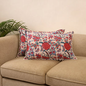 Sanganeri pillow cover with pom (set of 2) 03 - handcrafted