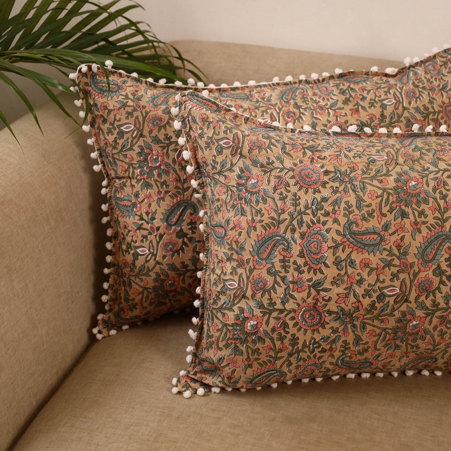Sanganeri pillow cover with pom (set of 2) 10 - handcrafted