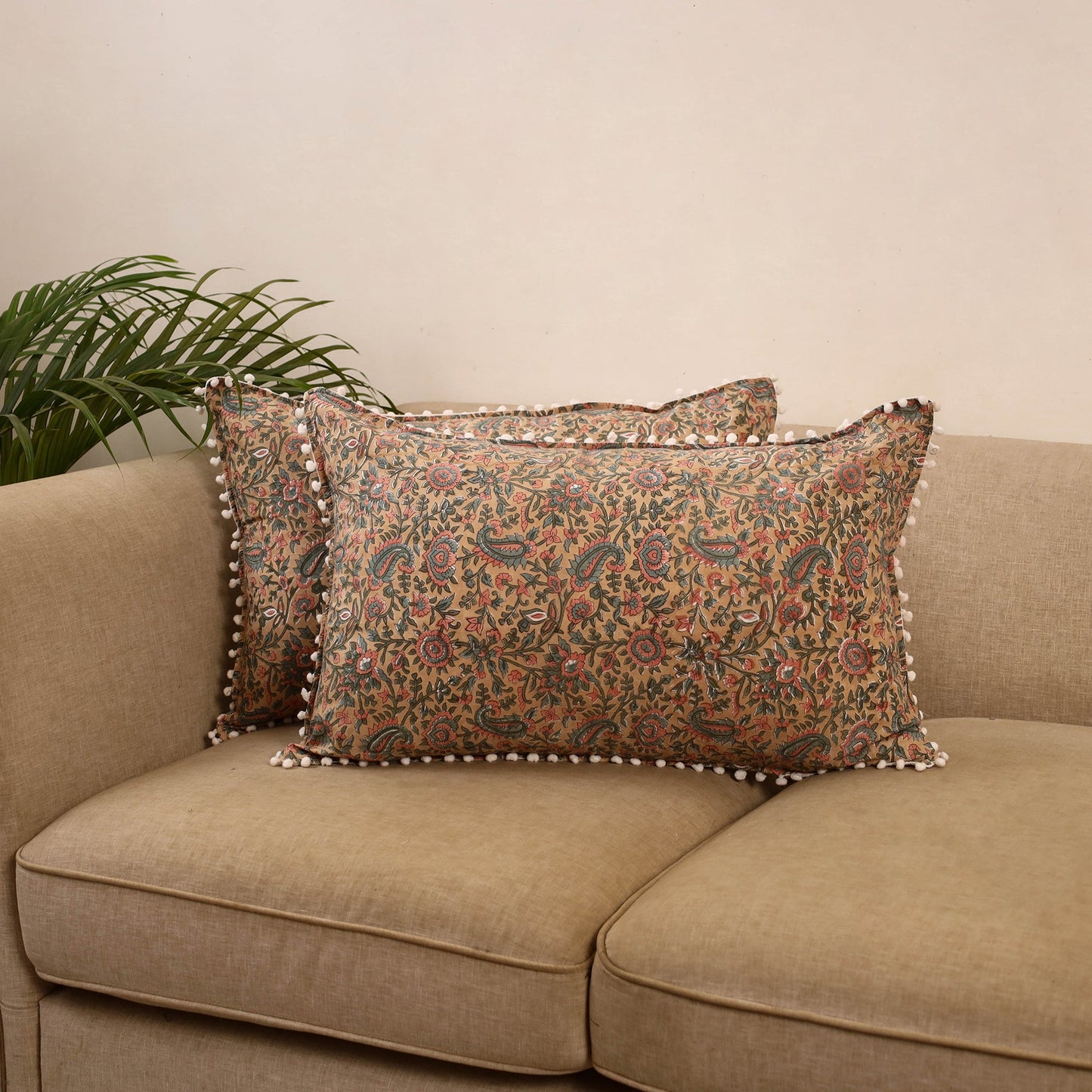 Sanganeri pillow cover with pom (set of 2) 10 - handcrafted