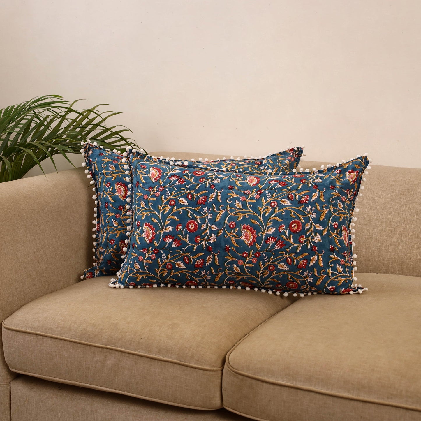 Sanganeri pillow cover with pom (set of 2) 11 - handcrafted