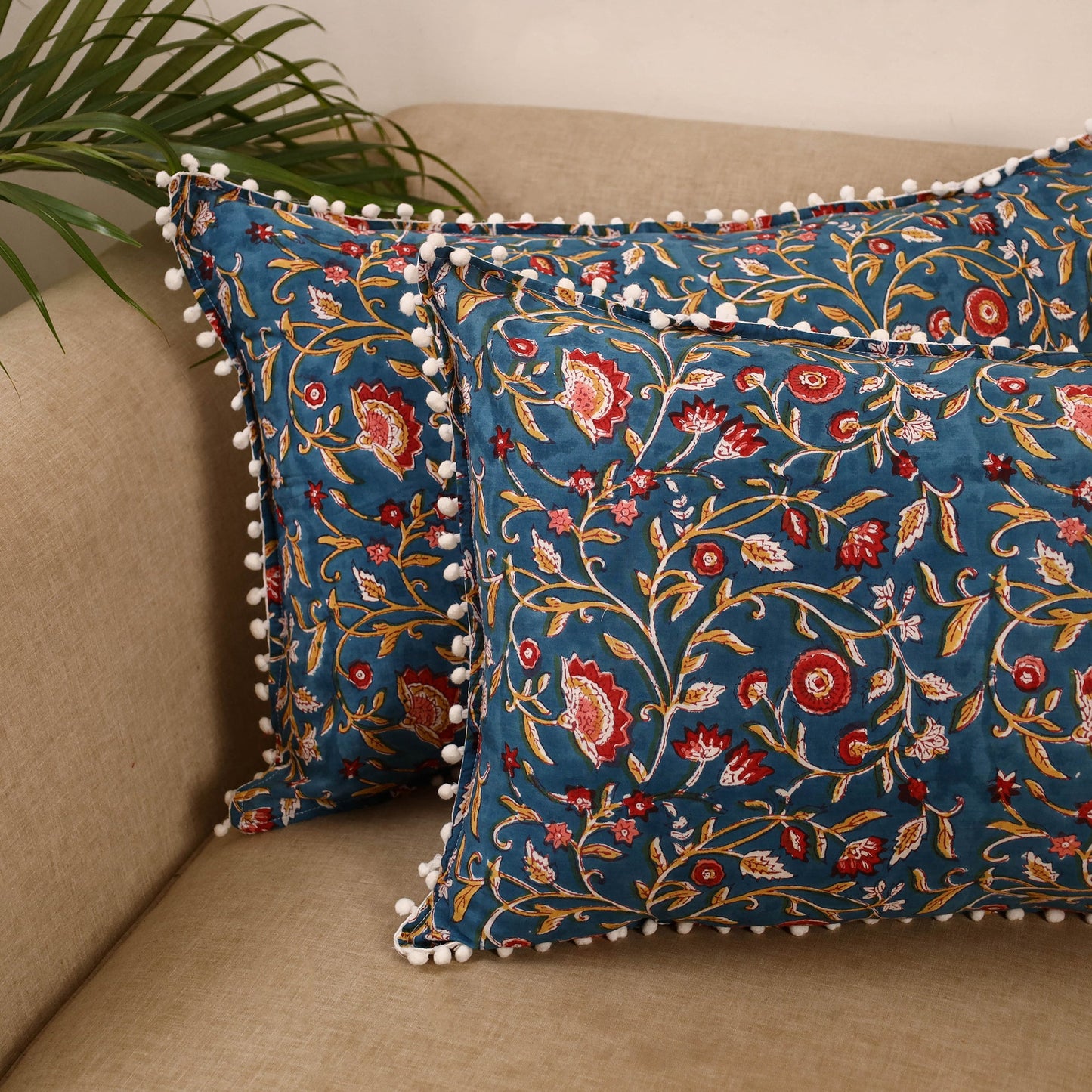 Sanganeri pillow cover with pom (set of 2) 11 - handcrafted
