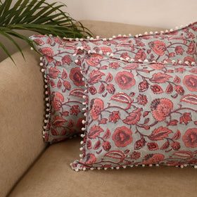 Sanganeri pillow cover with pom (set of 2) 12 - handcrafted