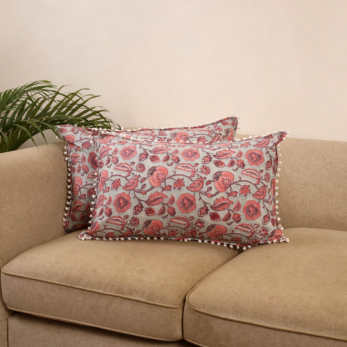 Sanganeri pillow cover with pom (set of 2) 12 - handcrafted