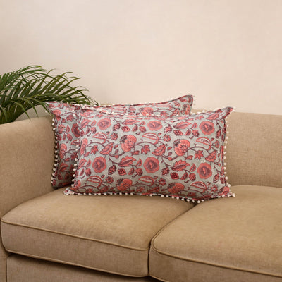 Sanganeri pillow cover with pom (set of 2) 12 - handcrafted