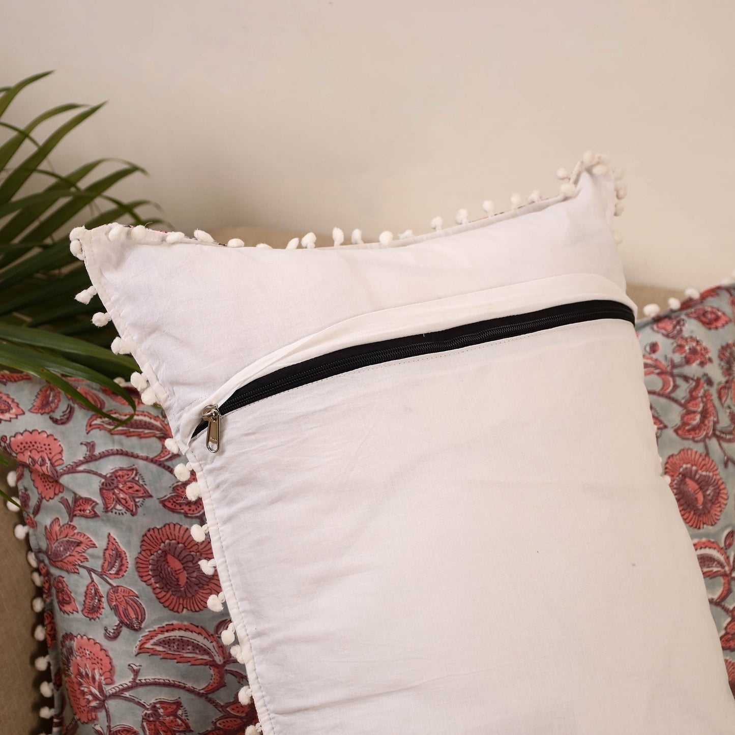 Sanganeri pillow cover with pom (set of 2) 12 - handcrafted