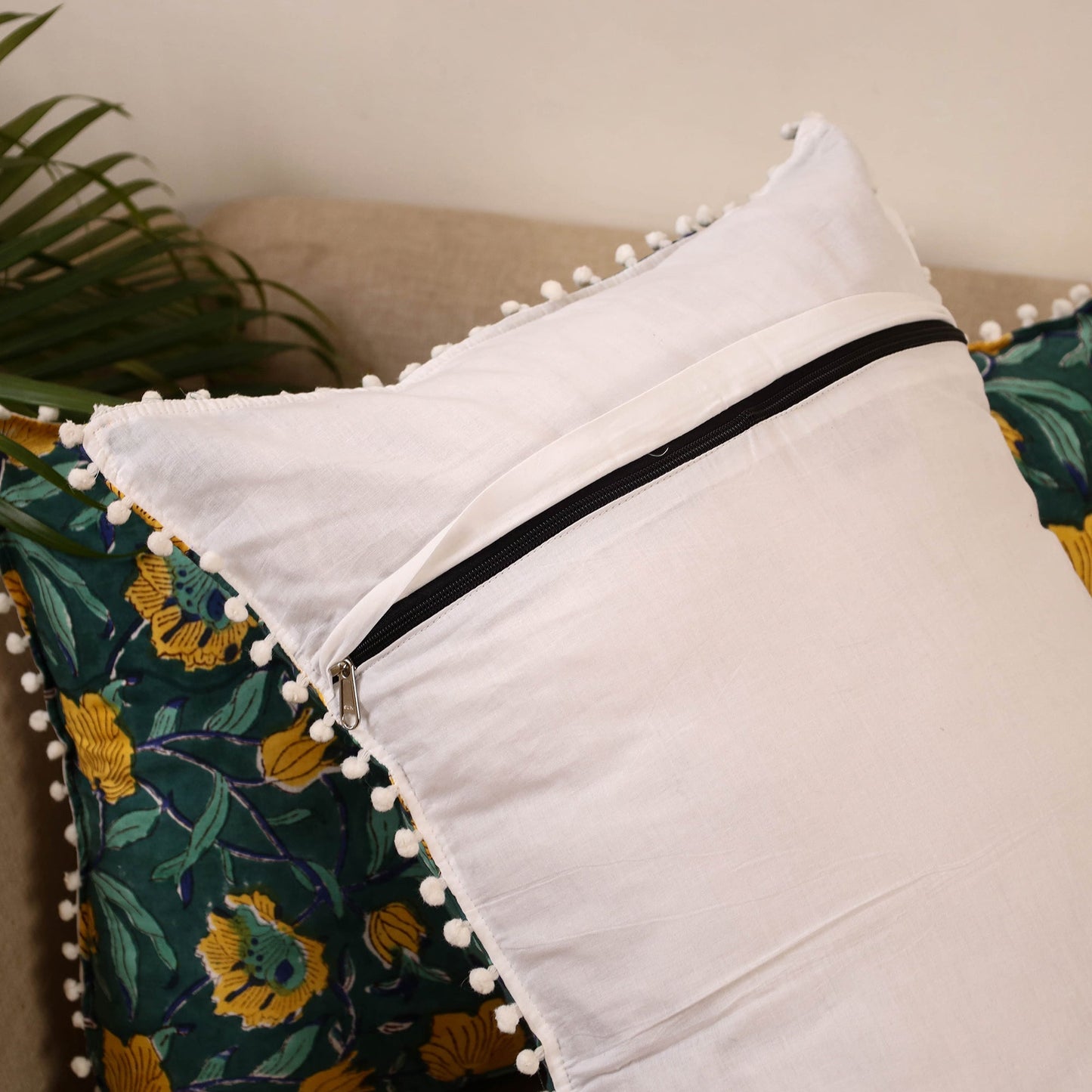 Sanganeri pillow cover with pom (set of 2) 13 - handcrafted