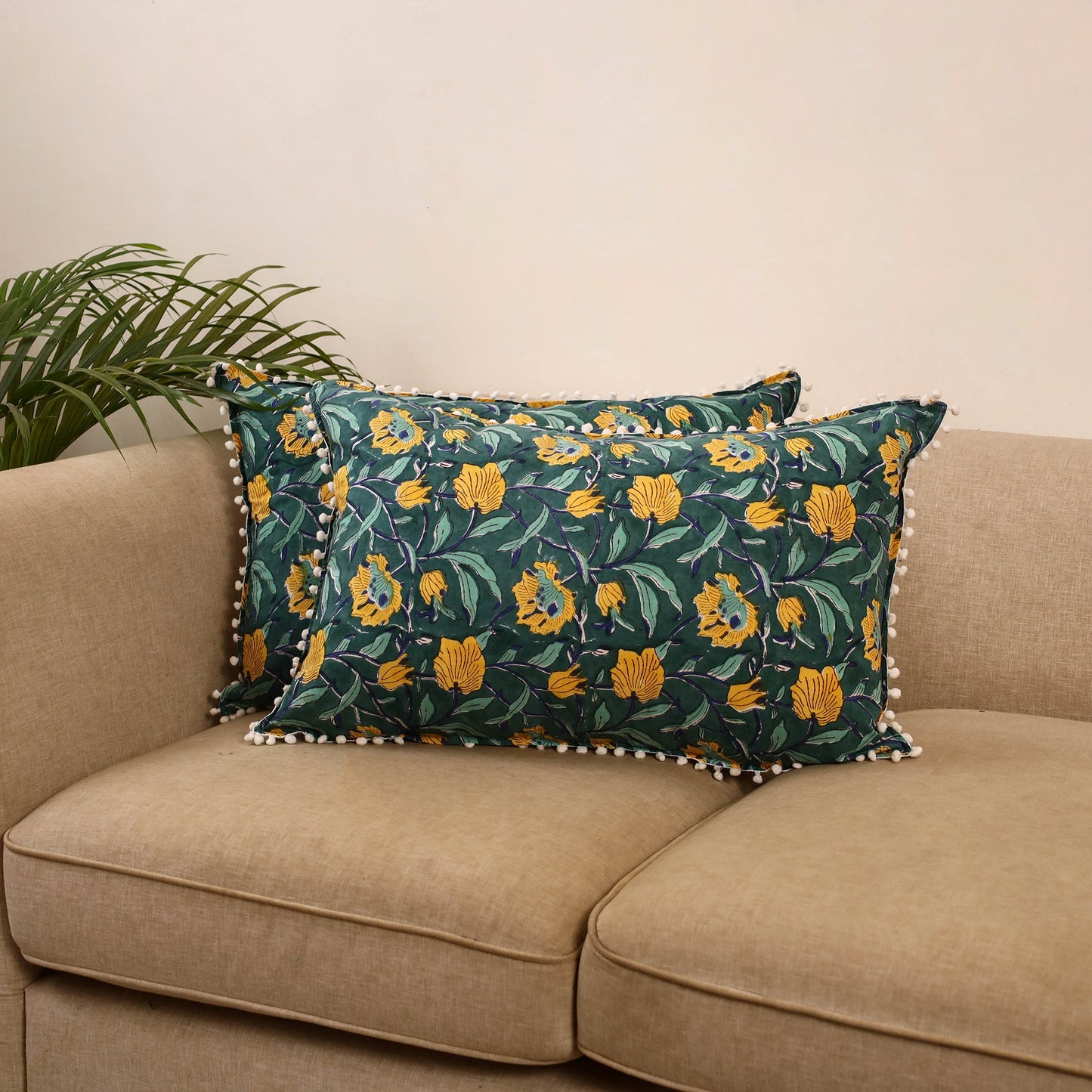 Sanganeri pillow cover with pom (set of 2) 13 - handcrafted