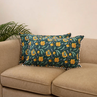 Sanganeri pillow cover with pom (set of 2) 13 - handcrafted