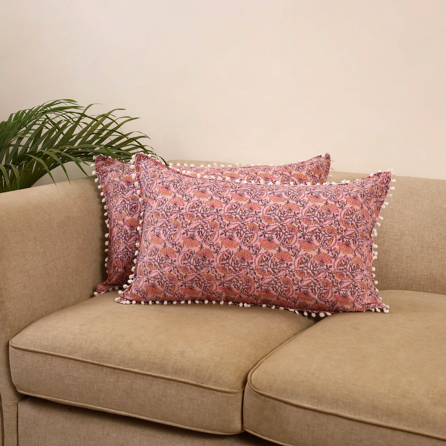 Sanganeri pillow cover with pom (set of 2) 14 - handcrafted