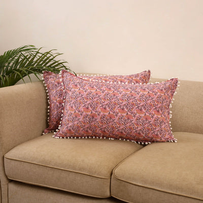 Sanganeri pillow cover with pom (set of 2) 14 - handcrafted