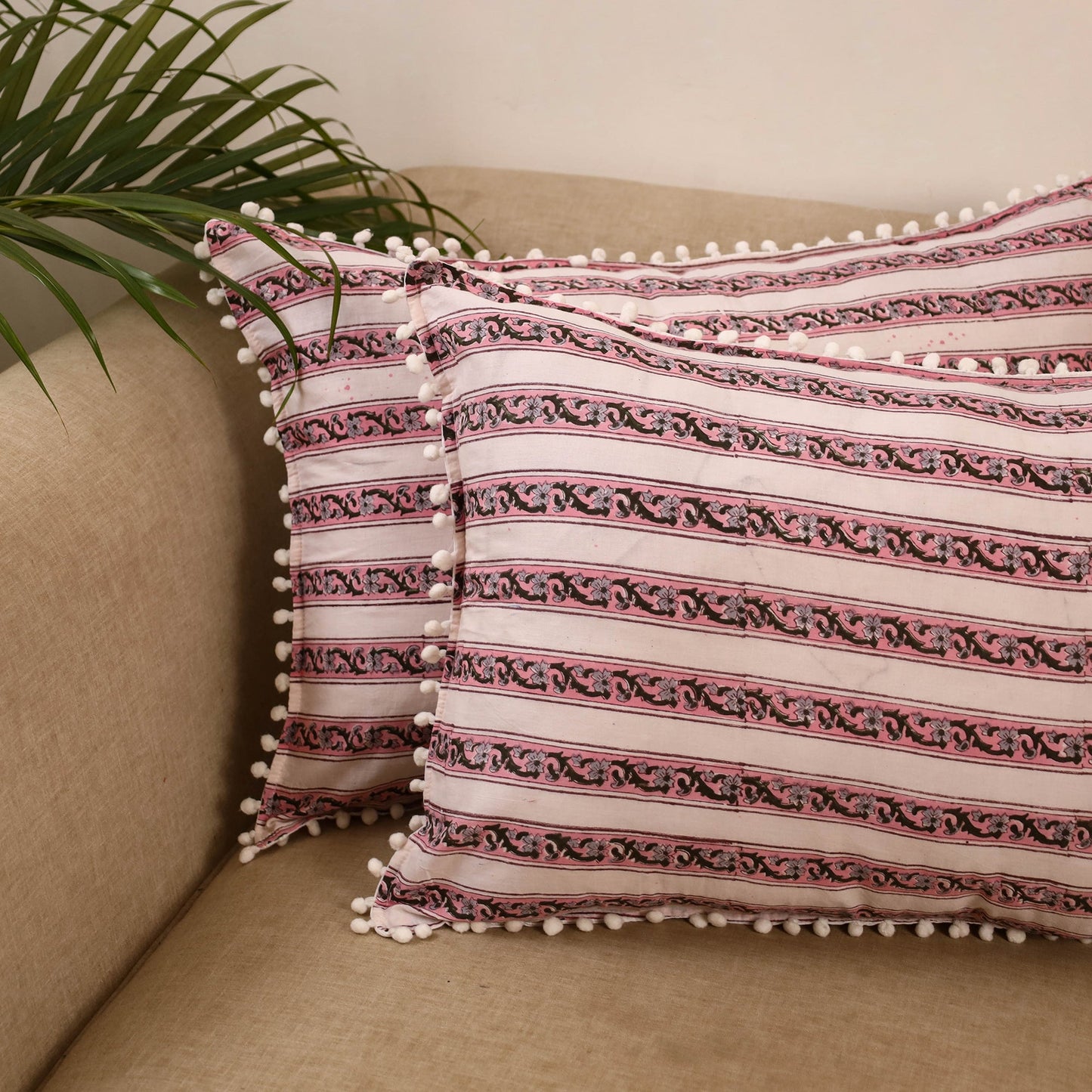 Sanganeri pillow cover with pom (set of 2) 15 - handcrafted