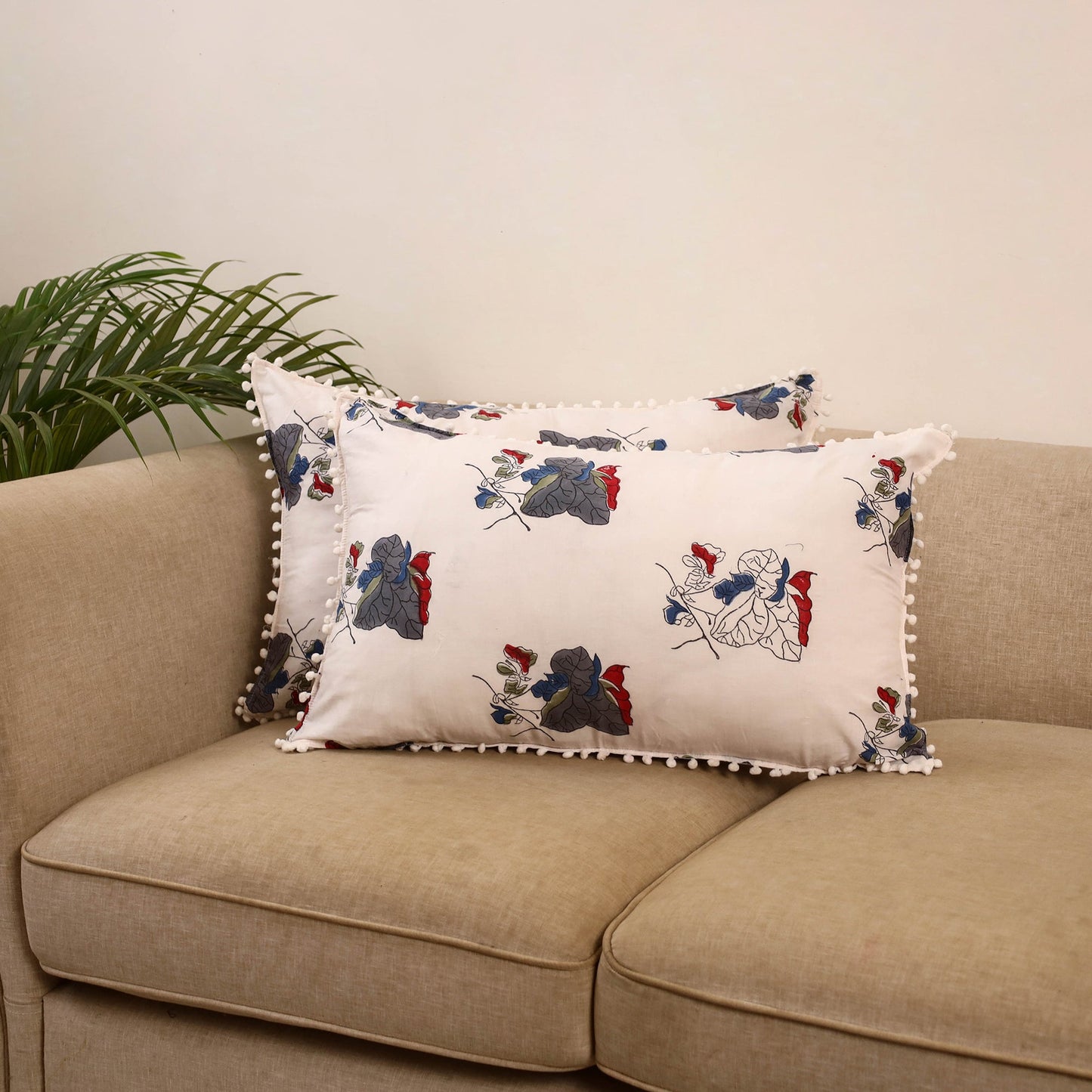 Sanganeri pillow cover with pom (set of 2) 16 - handcrafted