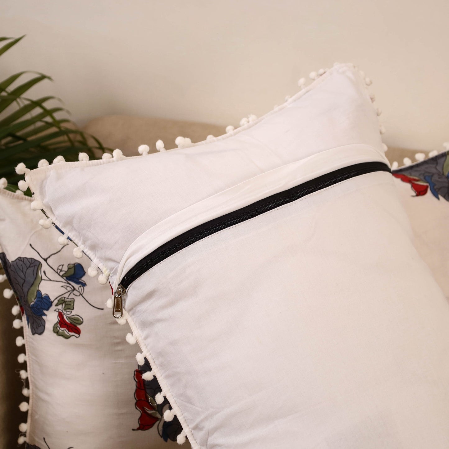 Sanganeri pillow cover with pom (set of 2) 16 - handcrafted