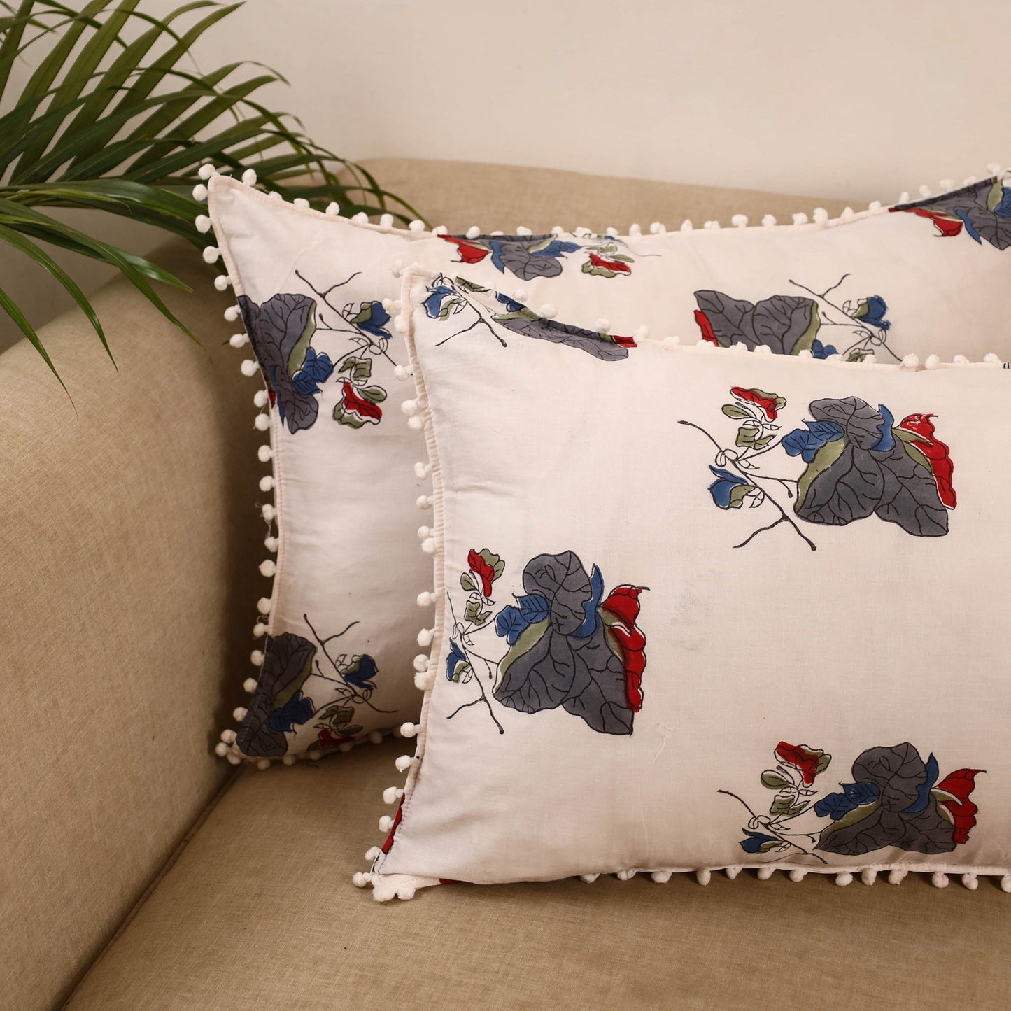 Sanganeri pillow cover with pom (set of 2) 16 - handcrafted