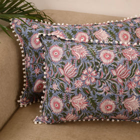 Sanganeri pillow cover with pom (set of 2) 17 - handcrafted