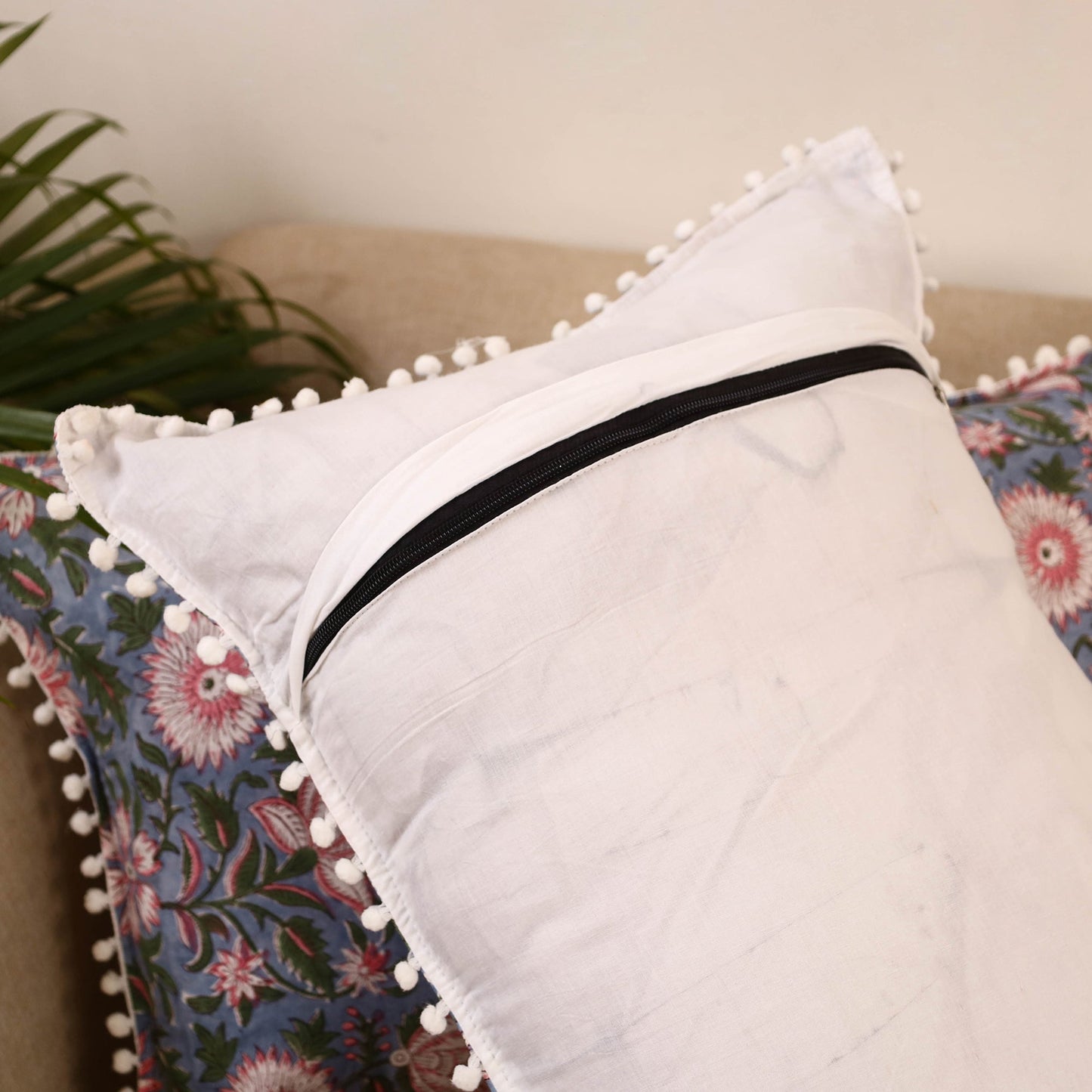 Sanganeri pillow cover with pom (set of 2) 17 - handcrafted
